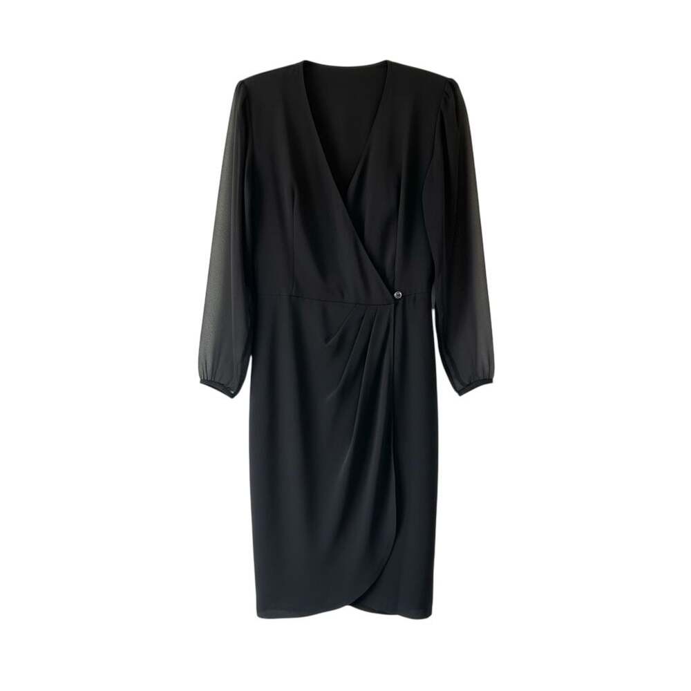 Vintage 80s BB Collections Black Faux Wrap Sheath Dress with Sheer Sleeves